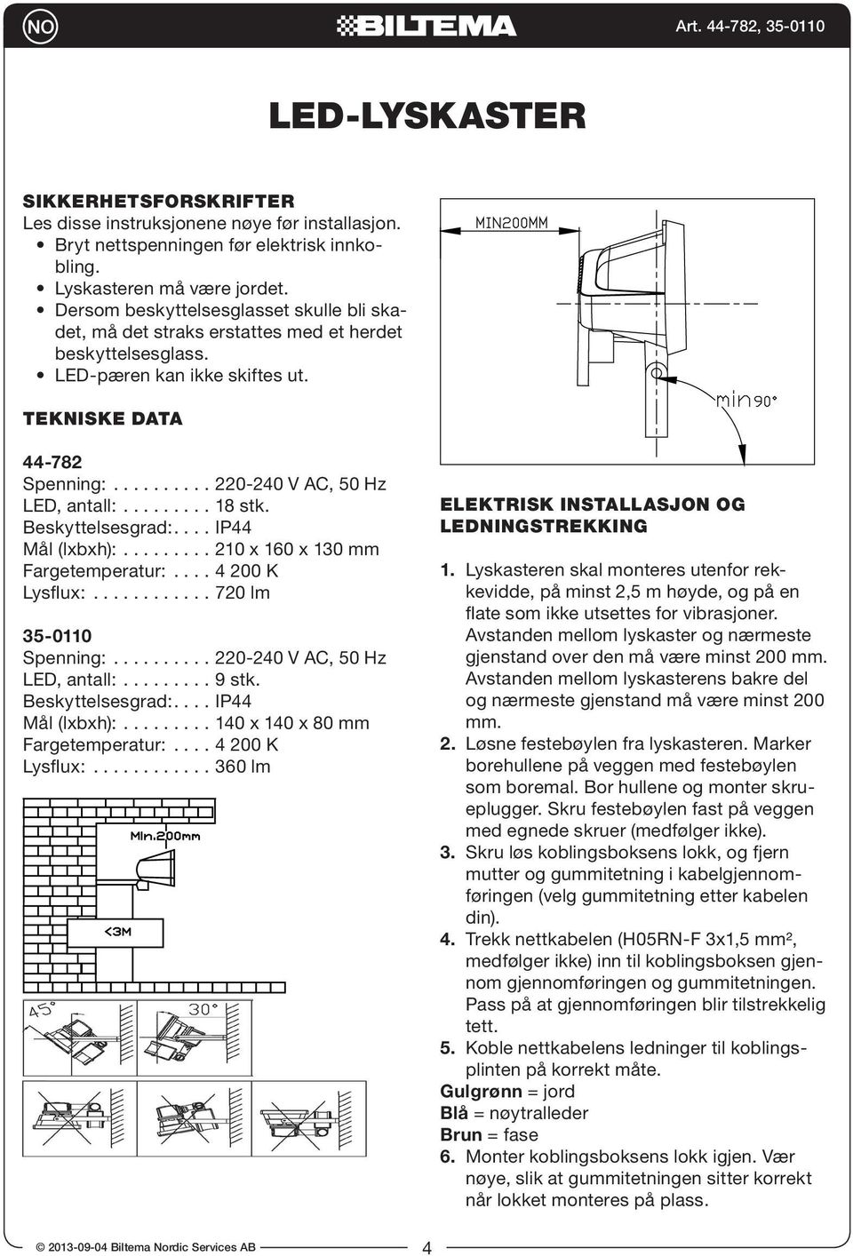 ........ 18 stk. Beskyttelsesgrad:.... IP44 Mål (lxbxh):......... 210 x 160 x 130 mm Fargetemperatur:.... 4 200 K Lysflux:............ 720 lm 35-0110 Spenning:.......... 220-240 V AC, 50 Hz LED, antall:.