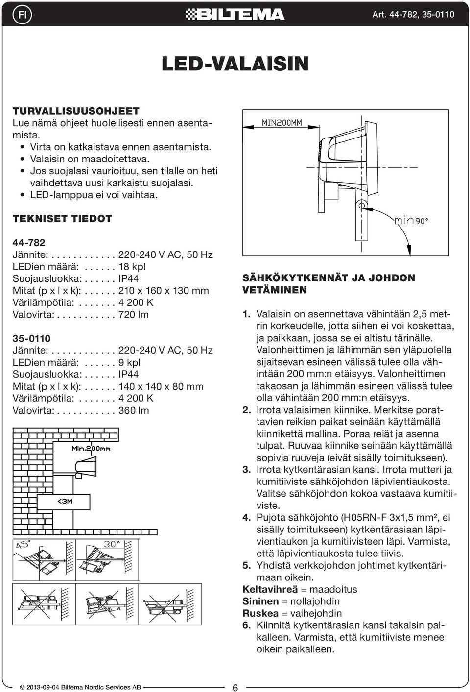 ..... 18 kpl Suojausluokka:...... IP44 Mitat (p x l x k):...... 210 x 160 x 130 mm Värilämpötila:....... 4 200 K Valovirta:........... 720 lm 35-0110 Jännite:............ 220-240 V AC, 50 Hz LEDien määrä:.