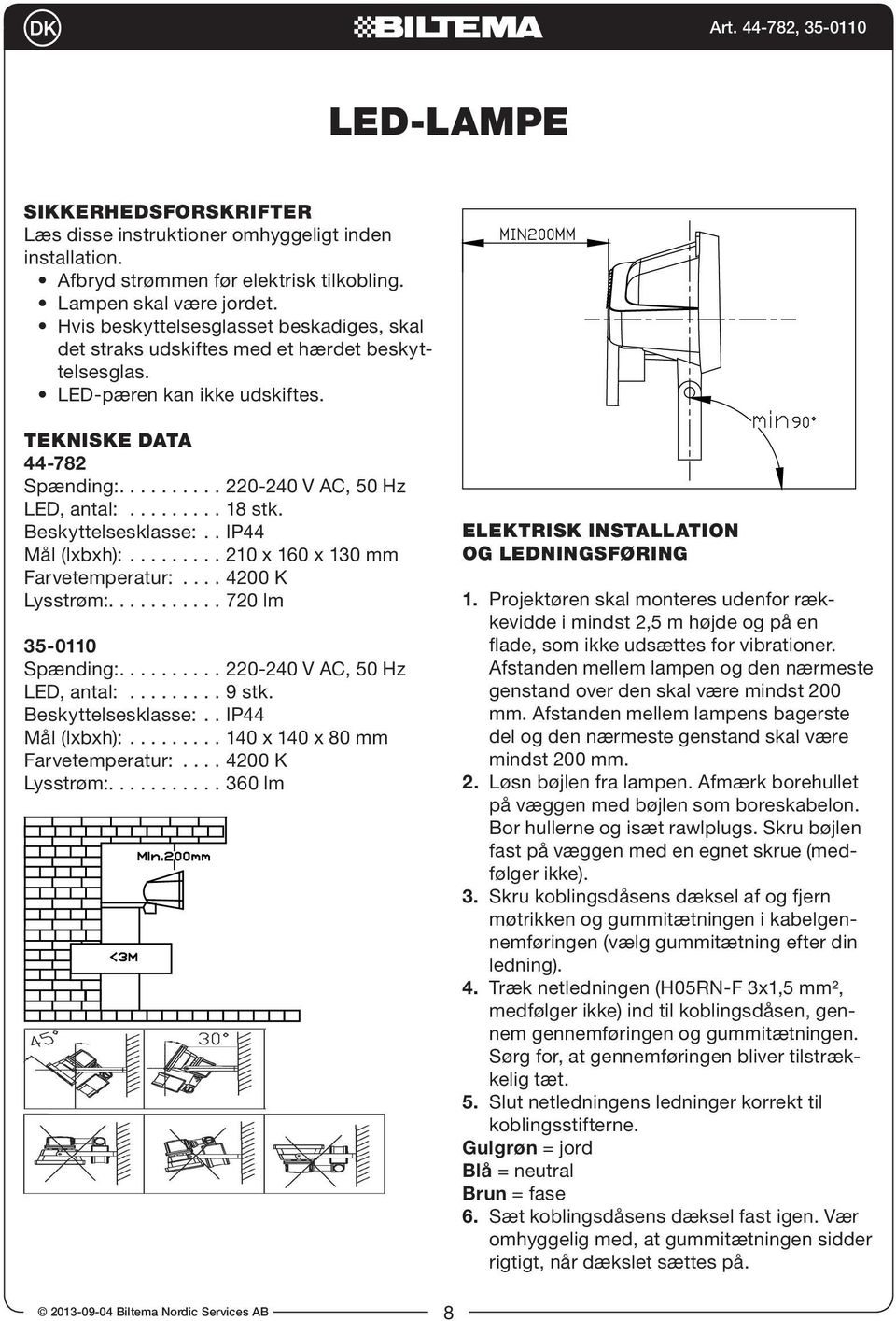 ........ 18 stk. Beskyttelsesklasse:.. IP44 Mål (lxbxh):......... 210 x 160 x 130 mm Farvetemperatur:.... 4200 K Lysstrøm:........... 720 lm 35-0110 Spænding:.......... 220-240 V AC, 50 Hz LED, antal:.