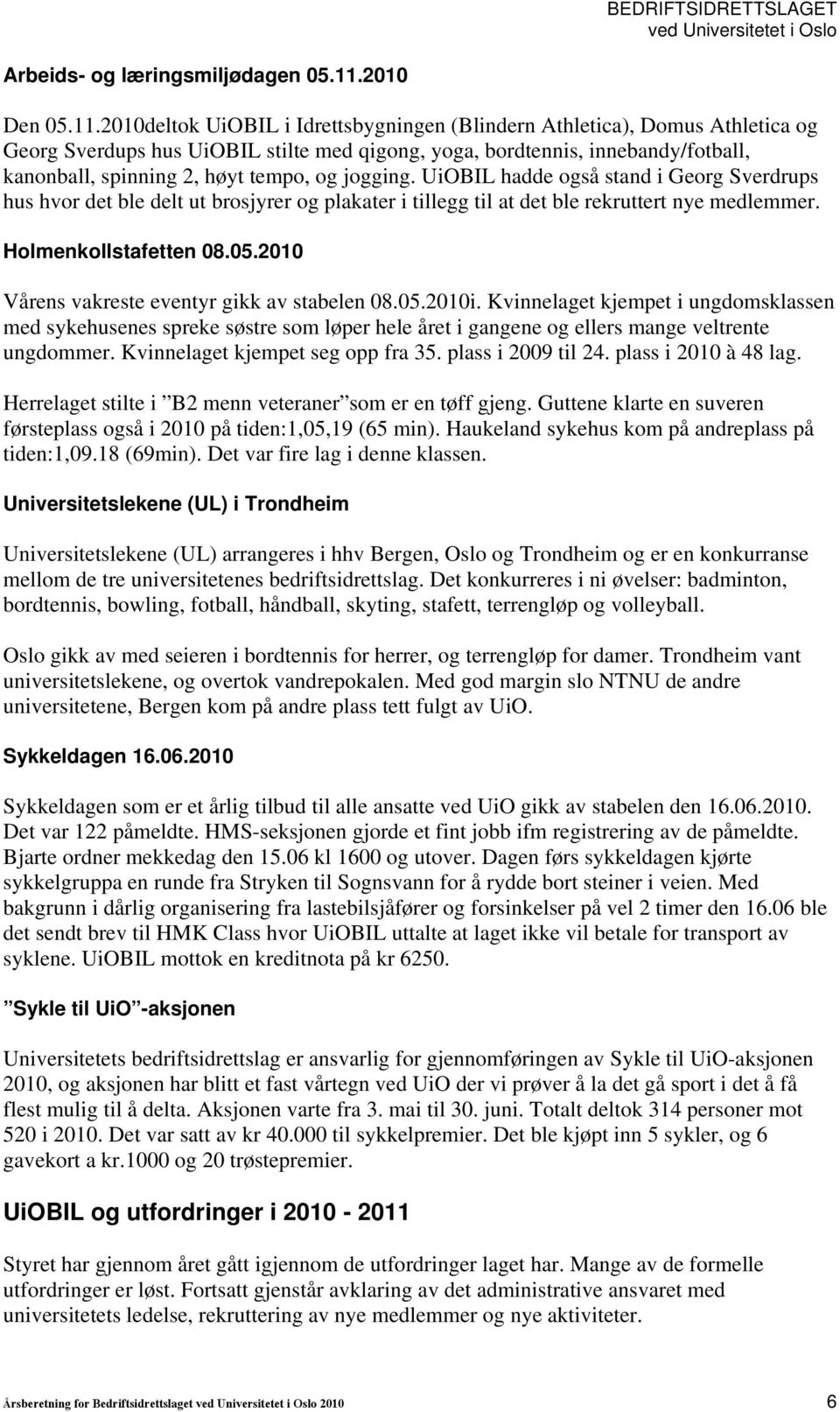 2010deltok UiOBIL i Idrettsbygningen (Blindern Athletica), Domus Athletica og Georg Sverdups hus UiOBIL stilte med qigong, yoga, bordtennis, innebandy/fotball, kanonball, spinning 2, høyt tempo, og