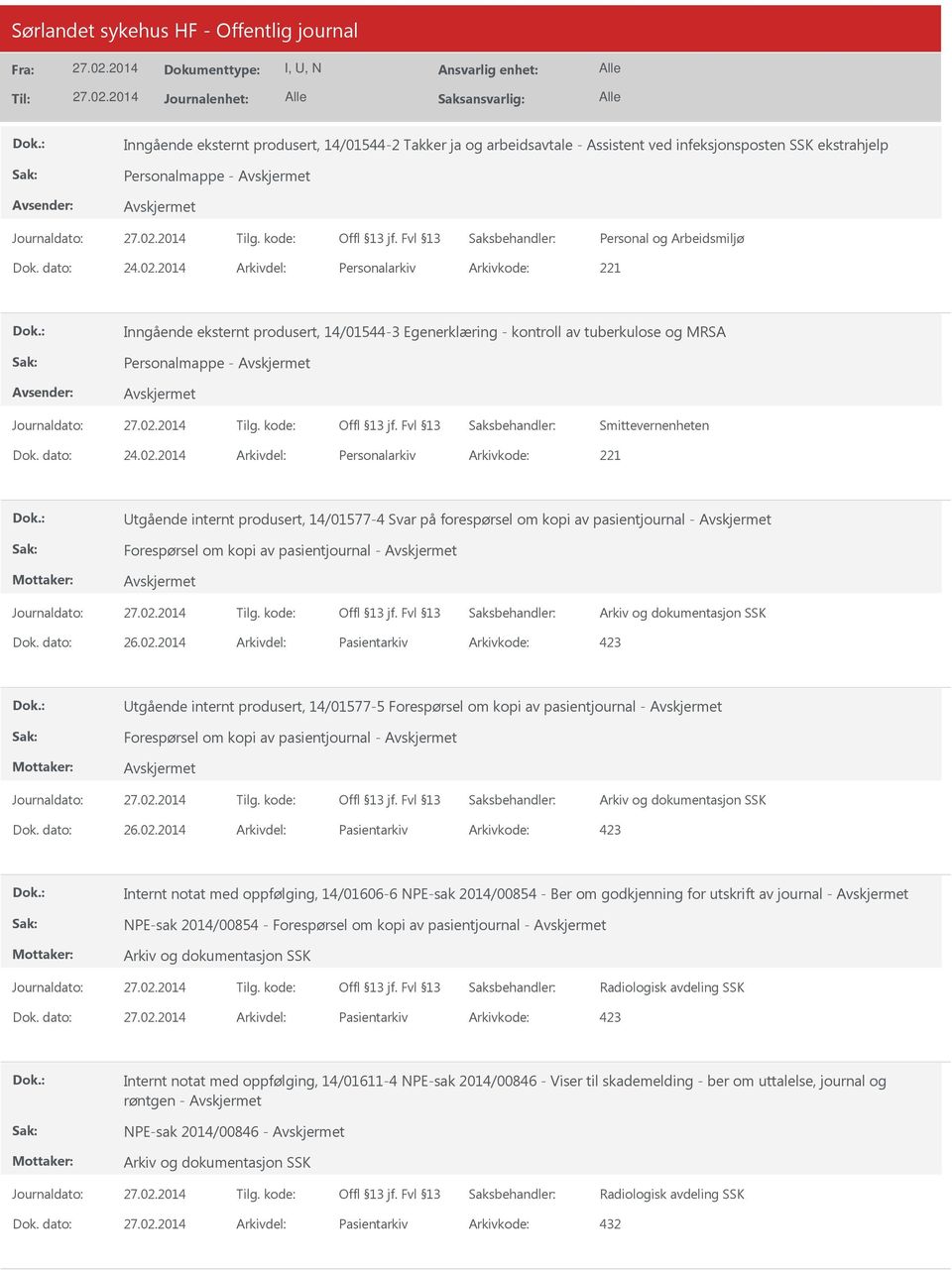 2014 Arkivdel: Personalarkiv Arkivkode: 221 Utgående internt produsert, 14/01577-4 Svar på forespørsel om kopi av pasientjournal - Forespørsel om kopi av pasientjournal - Dok. dato: 26.02.