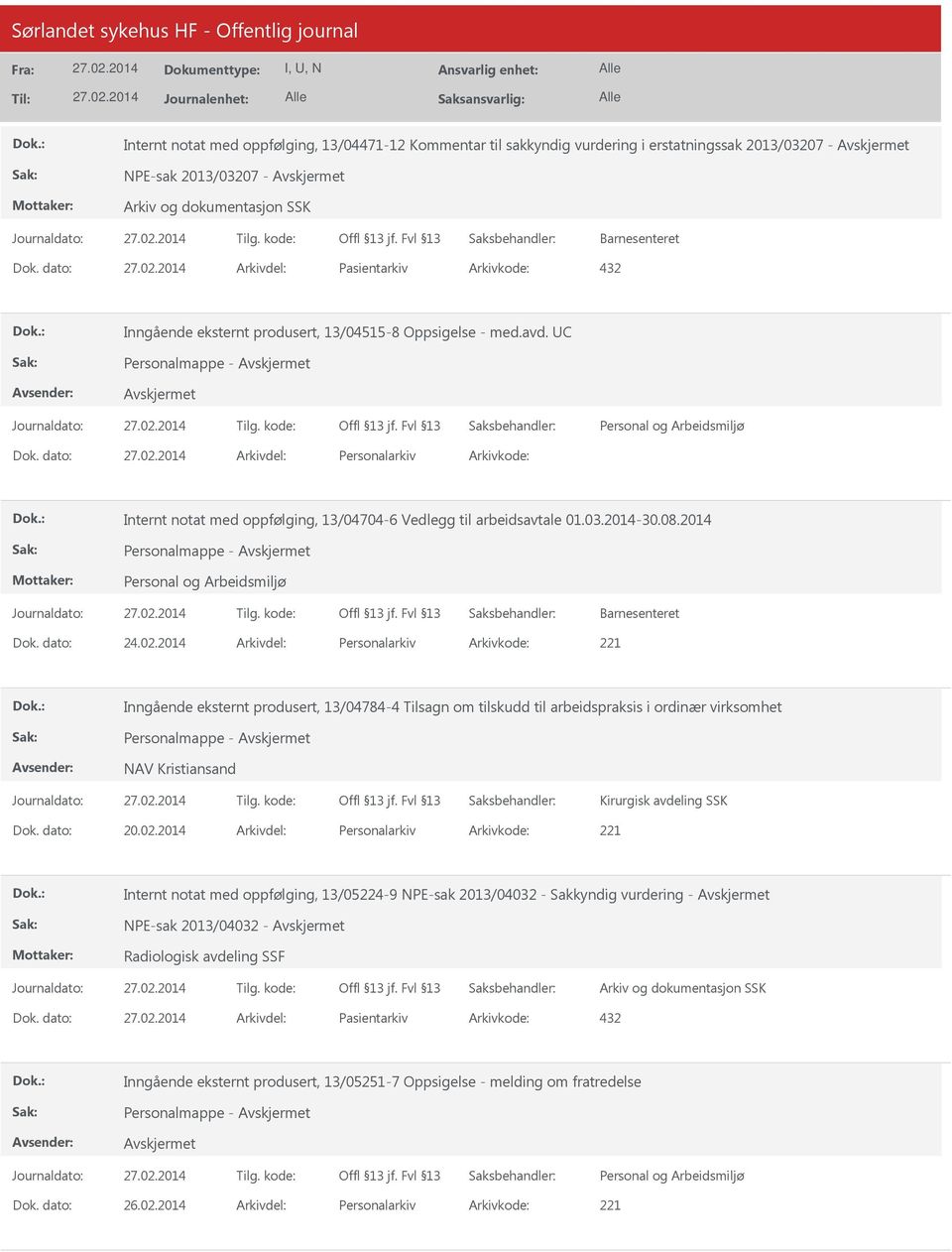 dato: Arkivdel: Personalarkiv Arkivkode: Internt notat med oppfølging, 13/04704-6 Vedlegg til arbeidsavtale 01.03.2014-30.08.2014 Barnesenteret Dok. dato: 24.02.