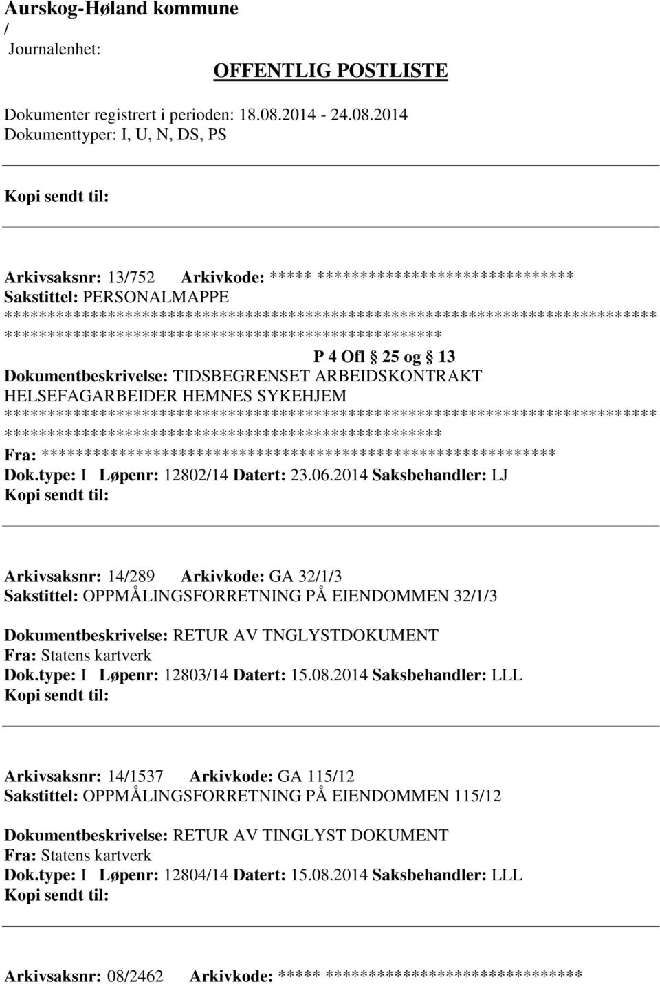 2014 Saksbehandler: LJ Arkivsaksnr: 14289 Arkivkode: GA 3213 Sakstittel: OPPMÅLINGSFORRETNING PÅ EIENDOMMEN 3213 Dokumentbeskrivelse: RETUR AV TNGLYSTDOKUMENT Fra: Statens kartverk Dok.