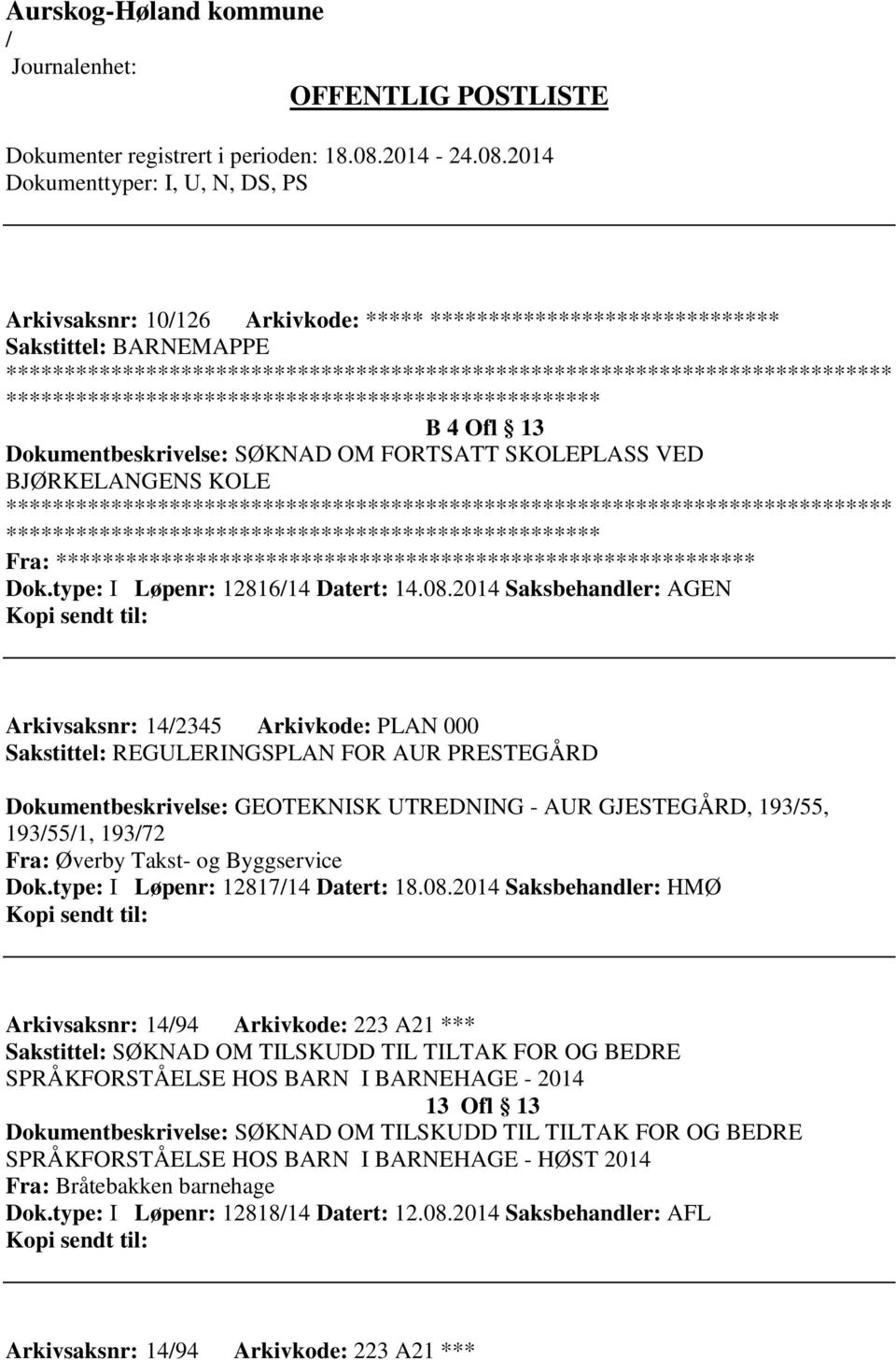 2014 Saksbehandler: AGEN Arkivsaksnr: 142345 Arkivkode: PLAN 000 Sakstittel: REGULERINGSPLAN FOR AUR PRESTEGÅRD Dokumentbeskrivelse: GEOTEKNISK UTREDNING - AUR GJESTEGÅRD, 19355, 193551, 19372 Fra: