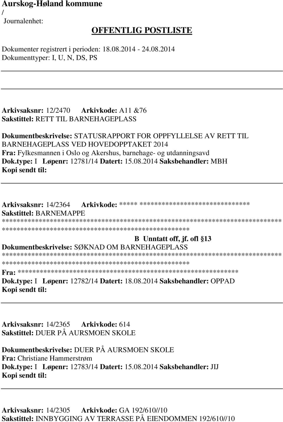 2014 Saksbehandler: MBH Arkivsaksnr: 142364 Arkivkode: ***** ****************************** Sakstittel: BARNEMAPPE ************************* B Unntatt off, jf.