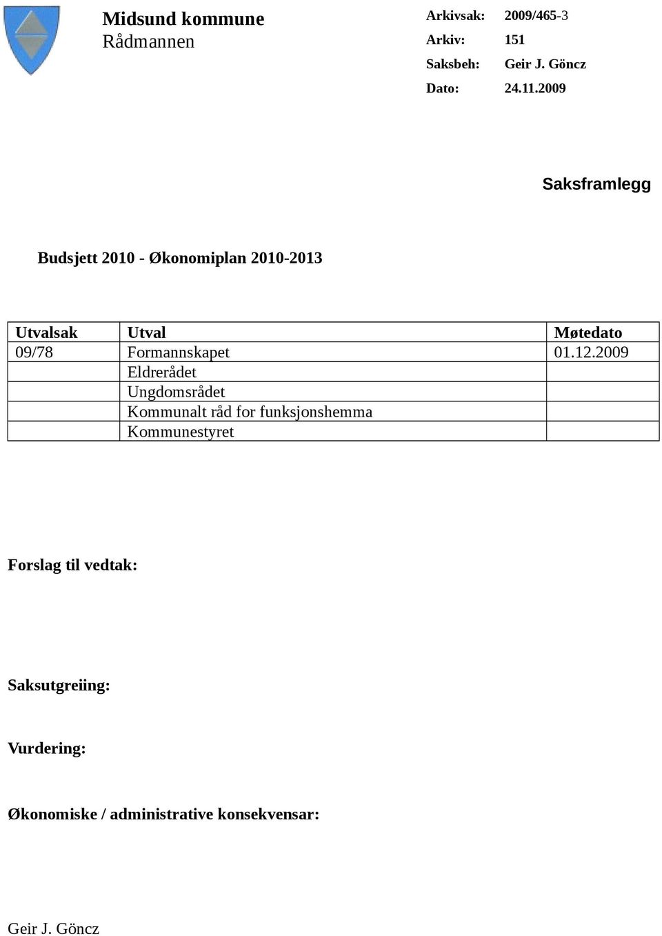 Formannskapet 01.12.