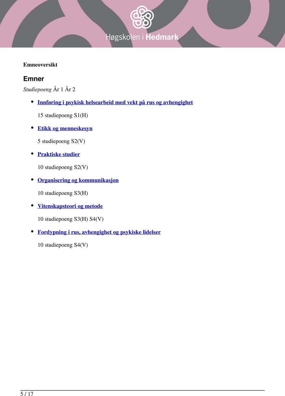 studiepoeng S2(V) Organisering og kommunikasjon 10 studiepoeng S3(H) Vitenskapsteori og metode