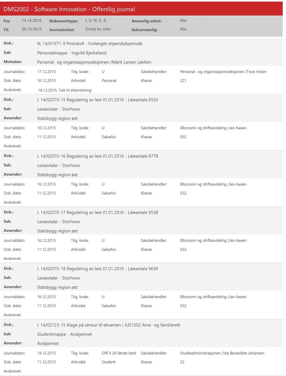 dato: 11.12.2015 Arkivdel: Sakarkiv 032 I, 14/02070-16 Regulering av leie 01.01.2016 - Leieavtale 8778 Leieavtaler - Storhove Statsbygg region øst Dok. dato: 11.12.2015 Arkivdel: Sakarkiv 032 I, 14/02070-17 Regulering av leie 01.