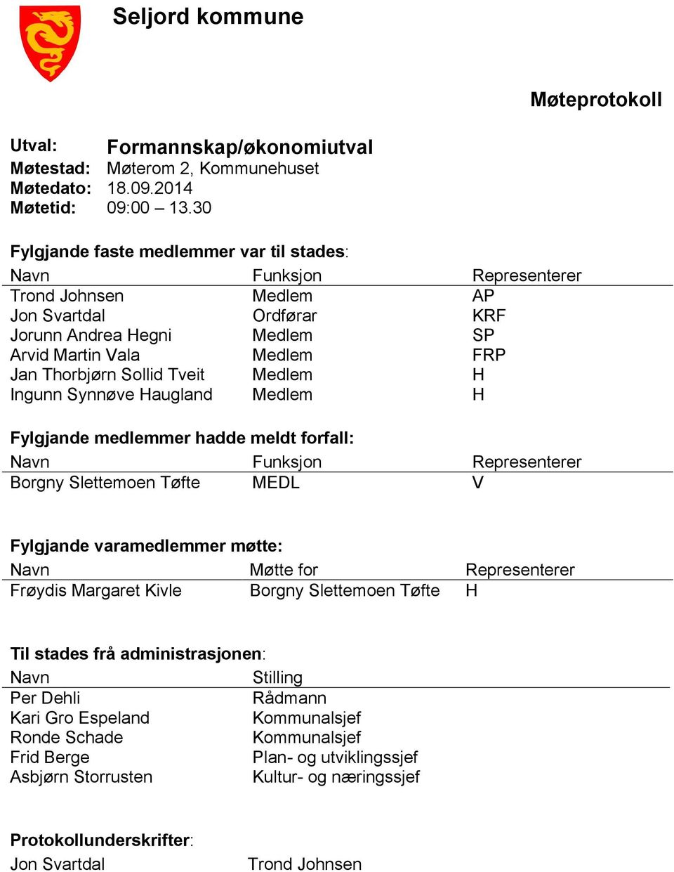 Sollid Tveit Medlem H Ingunn Synnøve Haugland Medlem H Fylgjande medlemmer hadde meldt forfall: Navn Funksjon Representerer Borgny Slettemoen Tøfte MEDL V Fylgjande varamedlemmer møtte: Navn Møtte