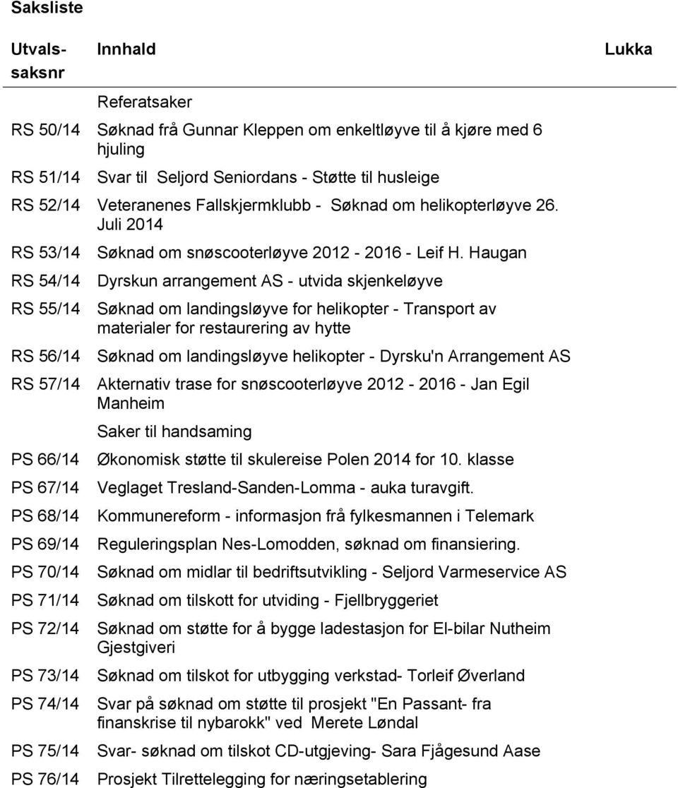 Juli 2014 RS 53/14 RS 54/14 RS 55/14 RS 56/14 RS 57/14 PS 66/14 PS 67/14 PS 68/14 PS 69/14 PS 70/14 PS 71/14 PS 72/14 PS 73/14 PS 74/14 PS 75/14 PS 76/14 Søknad om snøscooterløyve 2012-2016 - Leif H.