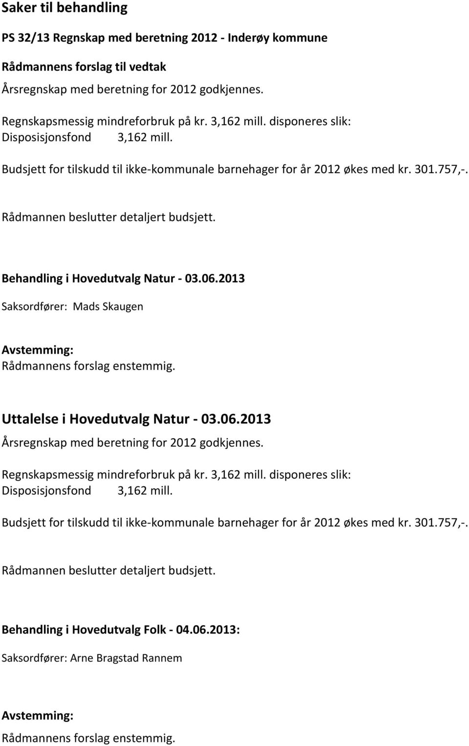 Behandling i Hovedutvalg Natur - 03.06.2013 Saksordfører: Mads Skaugen Uttalelse i Hovedutvalg Natur - 03.06.2013 Årsregnskap med beretning for 2012 godkjennes. Regnskapsmessig mindreforbruk på kr.