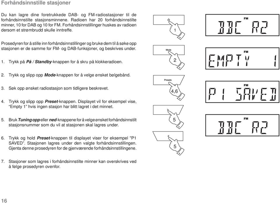 1 Prosedyren for å stille inn forhåndsinnstillinger og bruke dem til å søke opp stasjonen er de samme for FM- og DAB-funksjoner, og beskrives under. 1.