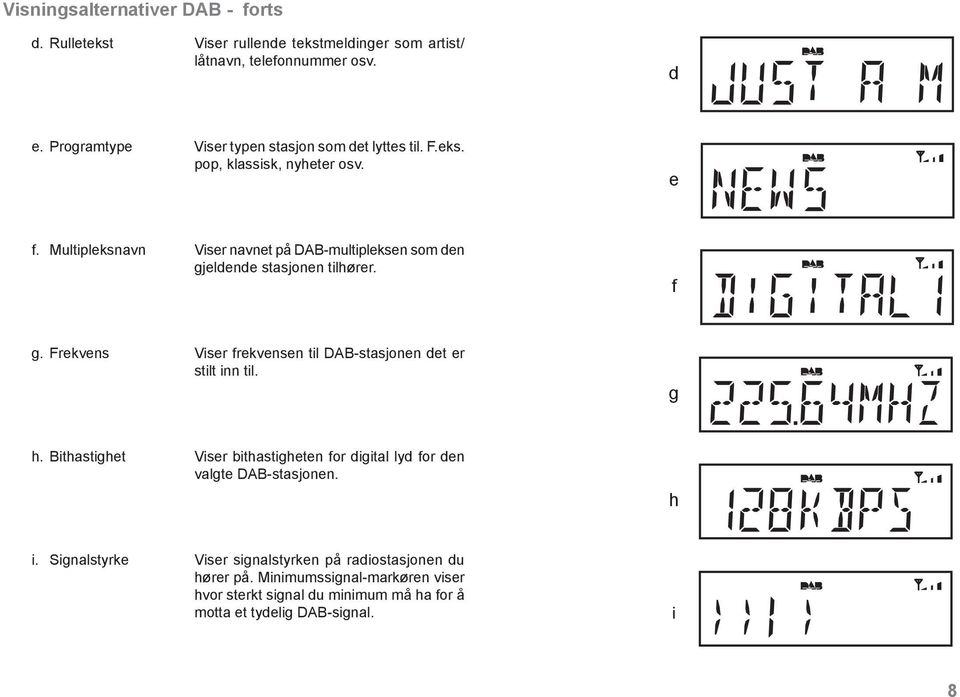 Multipleksnavn Viser navnet på DAB-multipleksen som den gjeldende stasjonen tilhører. f g. Frekvens Viser frekvensen til DAB-stasjonen det er stilt inn til.