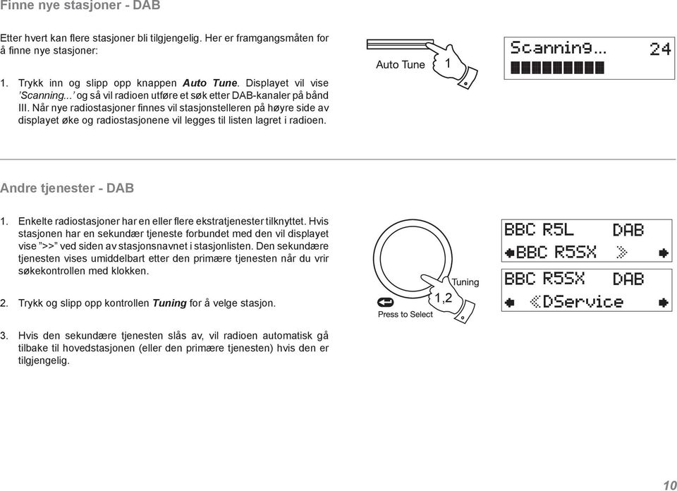 Når nye radiostasjoner finnes vil stasjonstelleren på høyre side av displayet øke og radiostasjonene vil legges til listen lagret i radioen. 1 Andre tjenester - DAB 1.