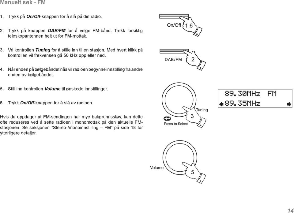 Når enden på bølgebåndet nås vil radioen begynne innstilling fra andre enden av bølgebåndet. 5. Still inn kontrollen Volume til ønskede innstillinger. 6.