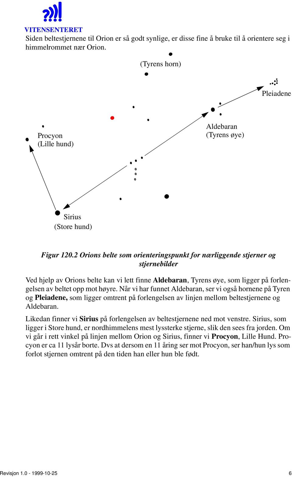 2 Orions belte som orienteringspunkt for nærliggende stjerner og stjernebilder Ved hjelp av Orions belte kan vi lett finne Aldebaran, Tyrens øye, som ligger på forlengelsen av beltet opp mot høyre.