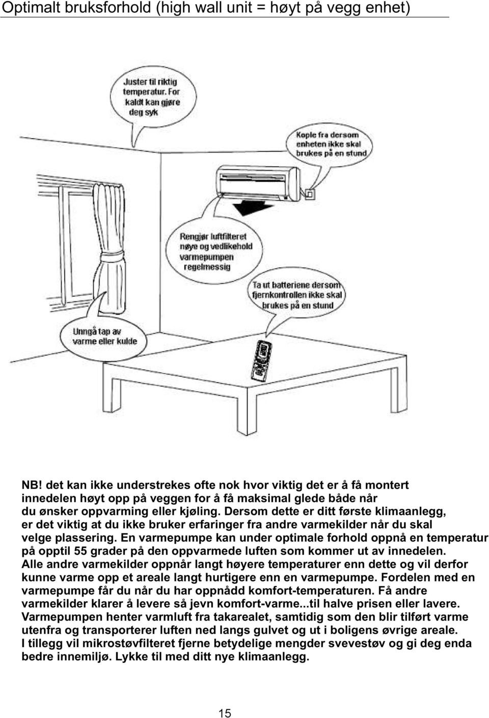 Dersom dette er ditt første klimaanlegg, er det viktig at du ikke bruker erfaringer fra andre varmekilder når du skal velge plassering.