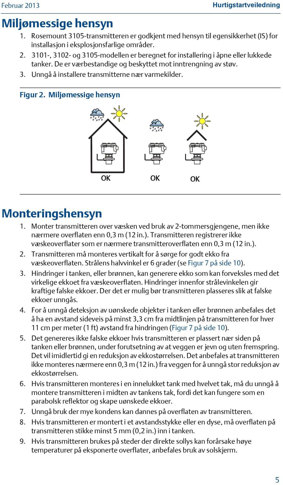 Figur 2. Miljømessige hensyn OK OK OK OK OK Monteringshensyn 1. Monter transmitteren over væsken ved bruk av 2-tommersgjengene, men ikke nærmere overflaten enn 0,3 m (12 in.).