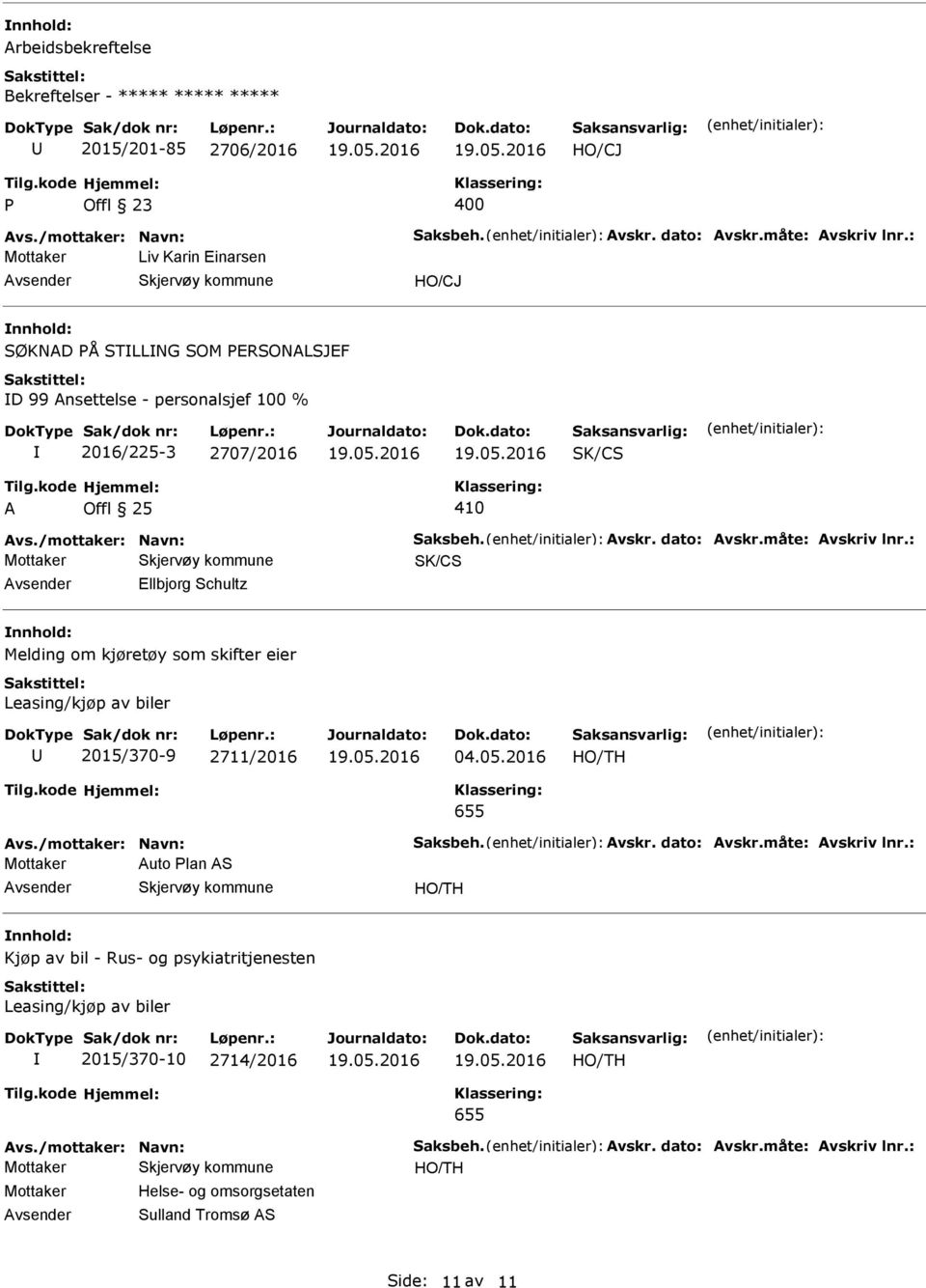 måte: Avskriv lnr.: SK/CS llbjorg Schultz Melding om kjøretøy som skifter eier Leasing/kjøp av biler 2015/370-9 2711/2016 04.05.2016 655 Avs./mottaker: Navn: Saksbeh. Avskr. dato: Avskr.