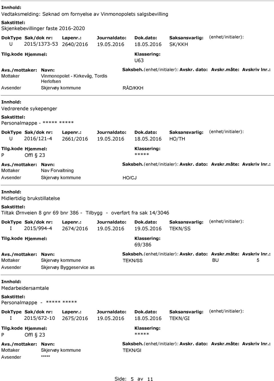 : Nav Forvaltning HO/CJ Midlertidig brukstillatelse Tiltak Ørnveien 8 gnr 69 bnr 386 - Tilbygg - overført fra sak 14/3046 2015/994-4 2674/2016 TKN/SS 69/386 Avs./mottaker: Navn: Saksbeh.