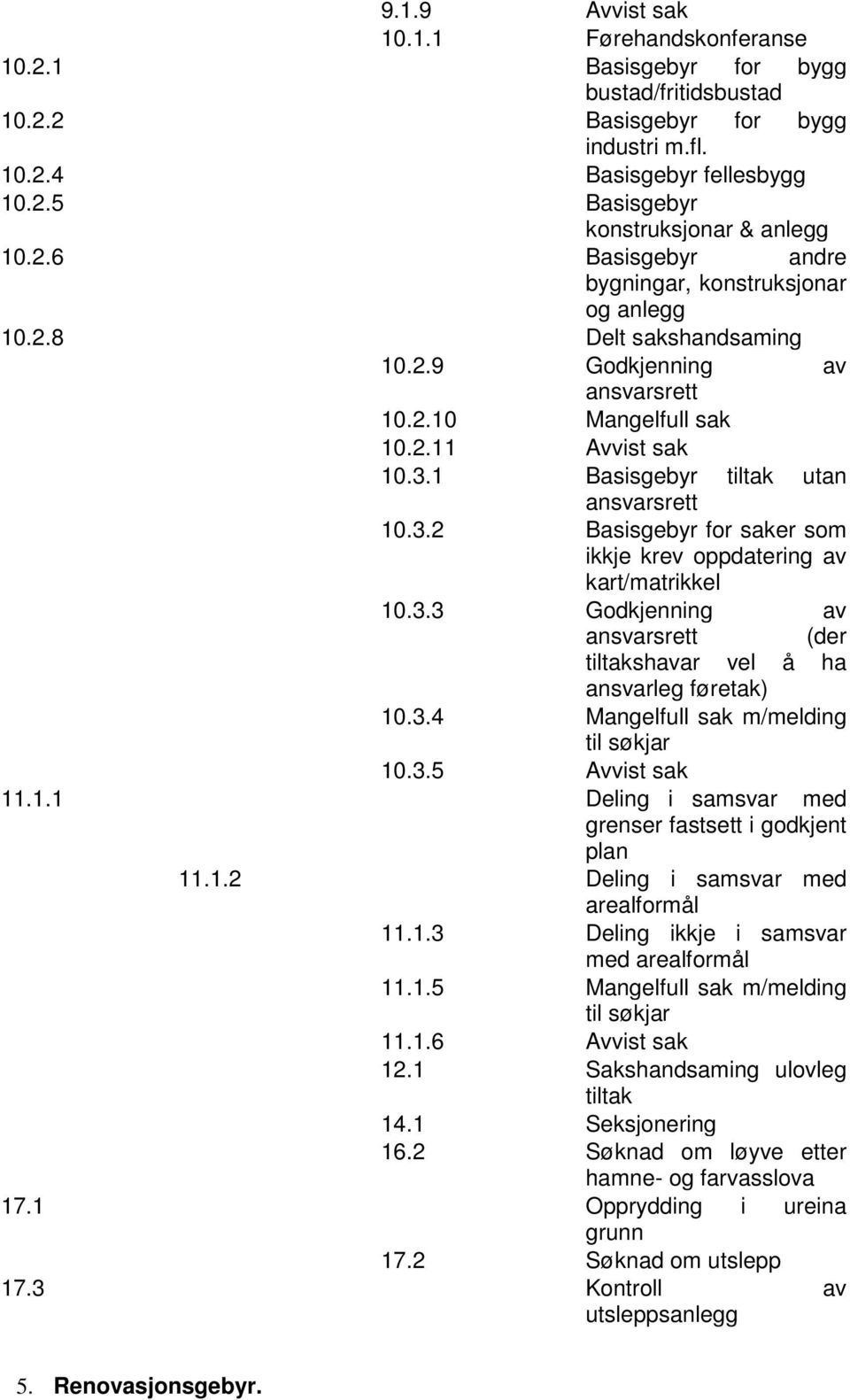 1 Basisgebyr tiltak utan ansvarsrett 10.3.2 Basisgebyr for saker som ikkje krev oppdatering av kart/matrikkel 10.3.3 Godkjenning av ansvarsrett (der tiltakshavar vel å ha ansvarleg føretak) 10.3.4 Mangelfull sak m/melding til søkjar 10.