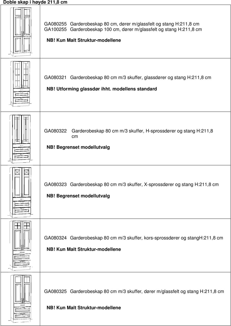 m/3 skuffer, H-sprossdører og stang H:211,8 cm GA080323 Garderobeskap 80 cm m/3 skuffer, X-sprossdører og stang H:211,8 cm GA080324