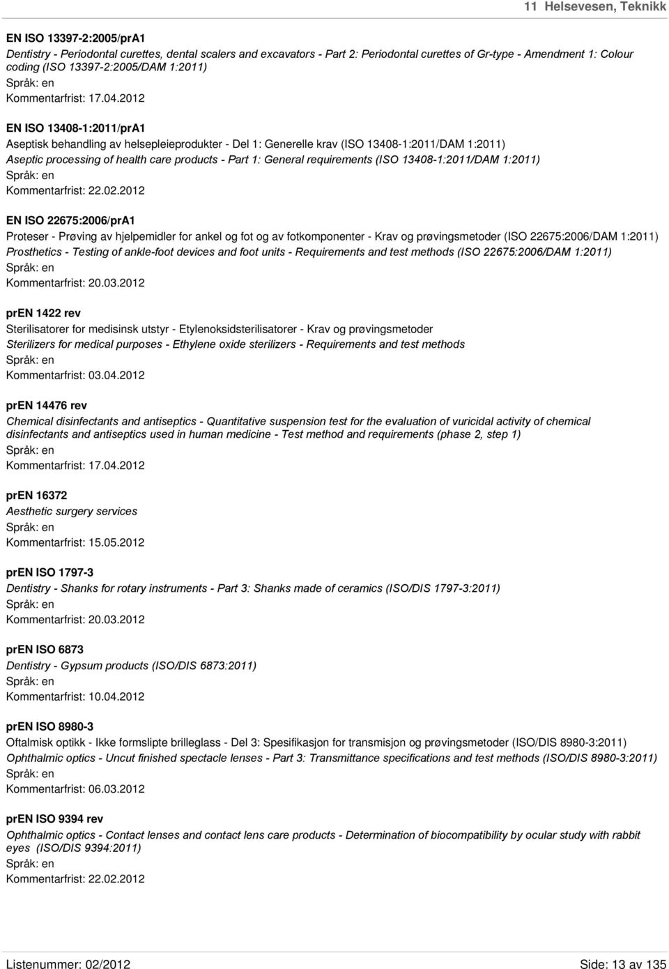 2012 EN ISO 13408-1:2011/prA1 Aseptisk behandling av helsepleieprodukter - Del 1: Generelle krav (ISO 13408-1:2011/DAM 1:2011) Aseptic processing of health care products - Part 1: General