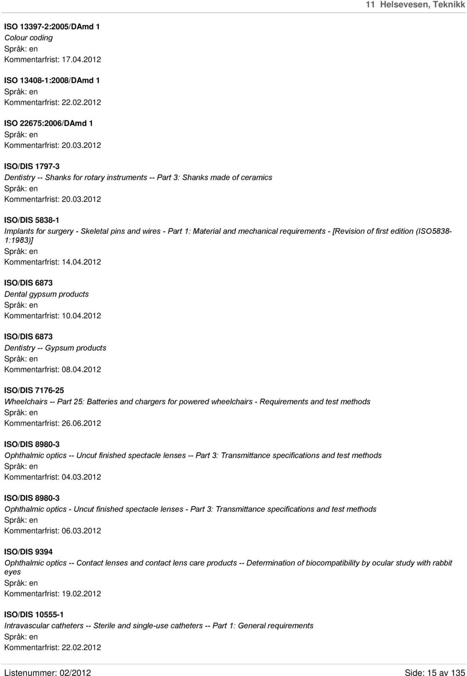 2012 ISO/DIS 5838-1 Implants for surgery - Skeletal pins and wires - Part 1: Material and mechanical requirements - [Revision of first edition (ISO5838-1:1983)] Kommentarfrist: 14.04.