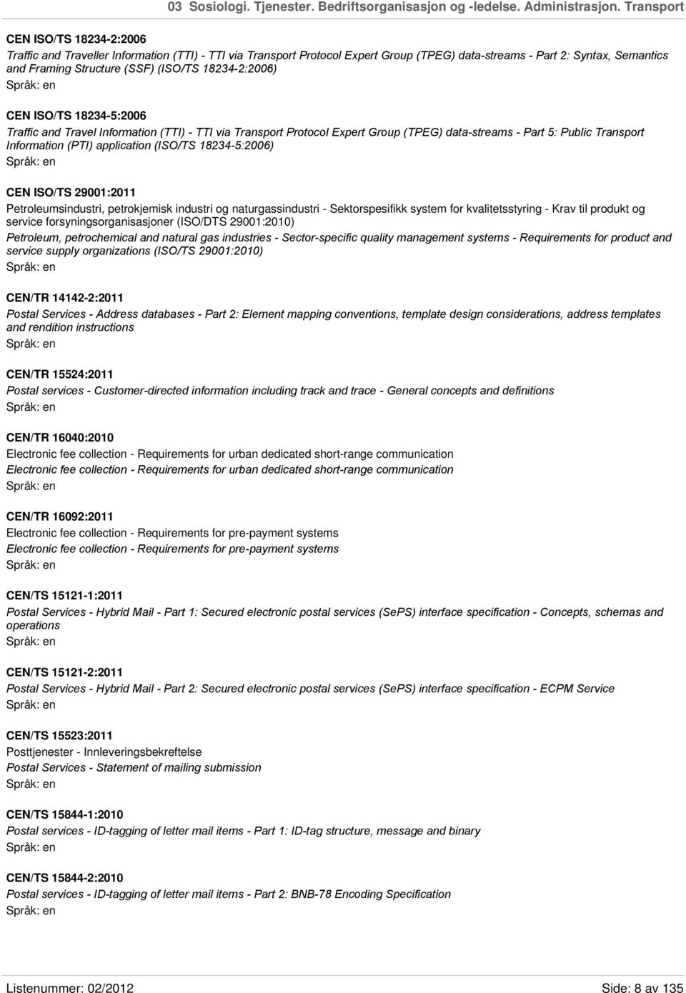 18234-2:2006) CEN ISO/TS 18234-5:2006 Traffic and Travel Information (TTI) - TTI via Transport Protocol Expert Group (TPEG) data-streams - Part 5: Public Transport Information (PTI) application