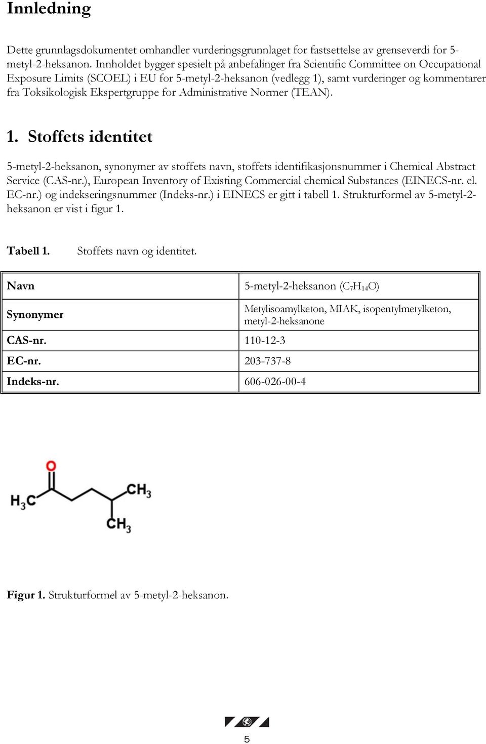 Ekspertgruppe for Administrative Normer (TEAN). 1. Stoffets identitet 5-metyl-2-heksanon, synonymer av stoffets navn, stoffets identifikasjonsnummer i Chemical Abstract Service (CAS-nr.