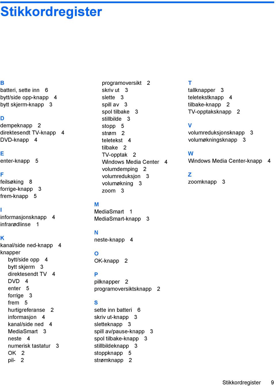 MediaSmart 3 neste 4 numerisk tastatur 3 OK 2 pil- 2 programoversikt 2 skriv ut 3 slette 3 spill av 3 spol tilbake 3 stillbilde 3 stopp 5 strøm 2 teletekst 4 tilbake 2 TV-opptak 2 Windows Media