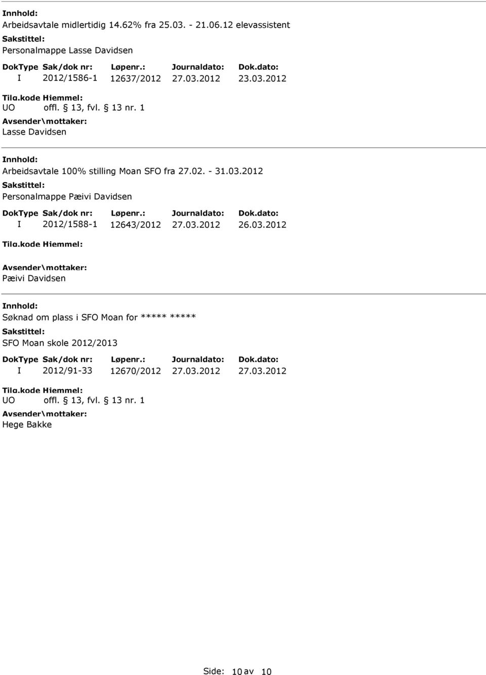 2012 nnhold: Arbeidsavtale 100% stilling Moan SFO fra 27.02. - 31.03.