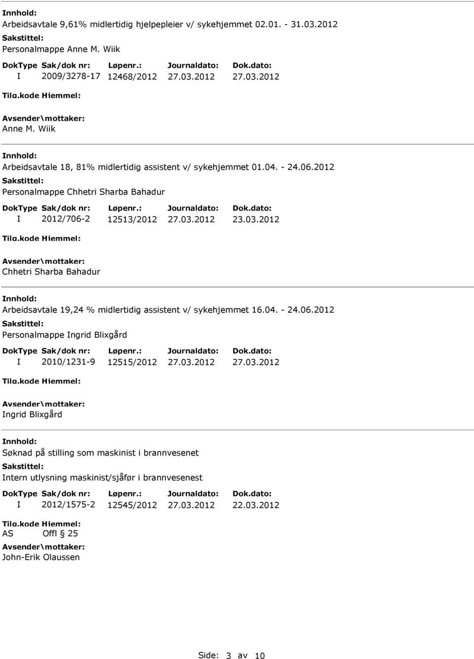 2012 Chhetri Sharba Bahadur nnhold: Arbeidsavtale 19,24 % midlertidig assistent v/ sykehjemmet 16.04. - 24.06.