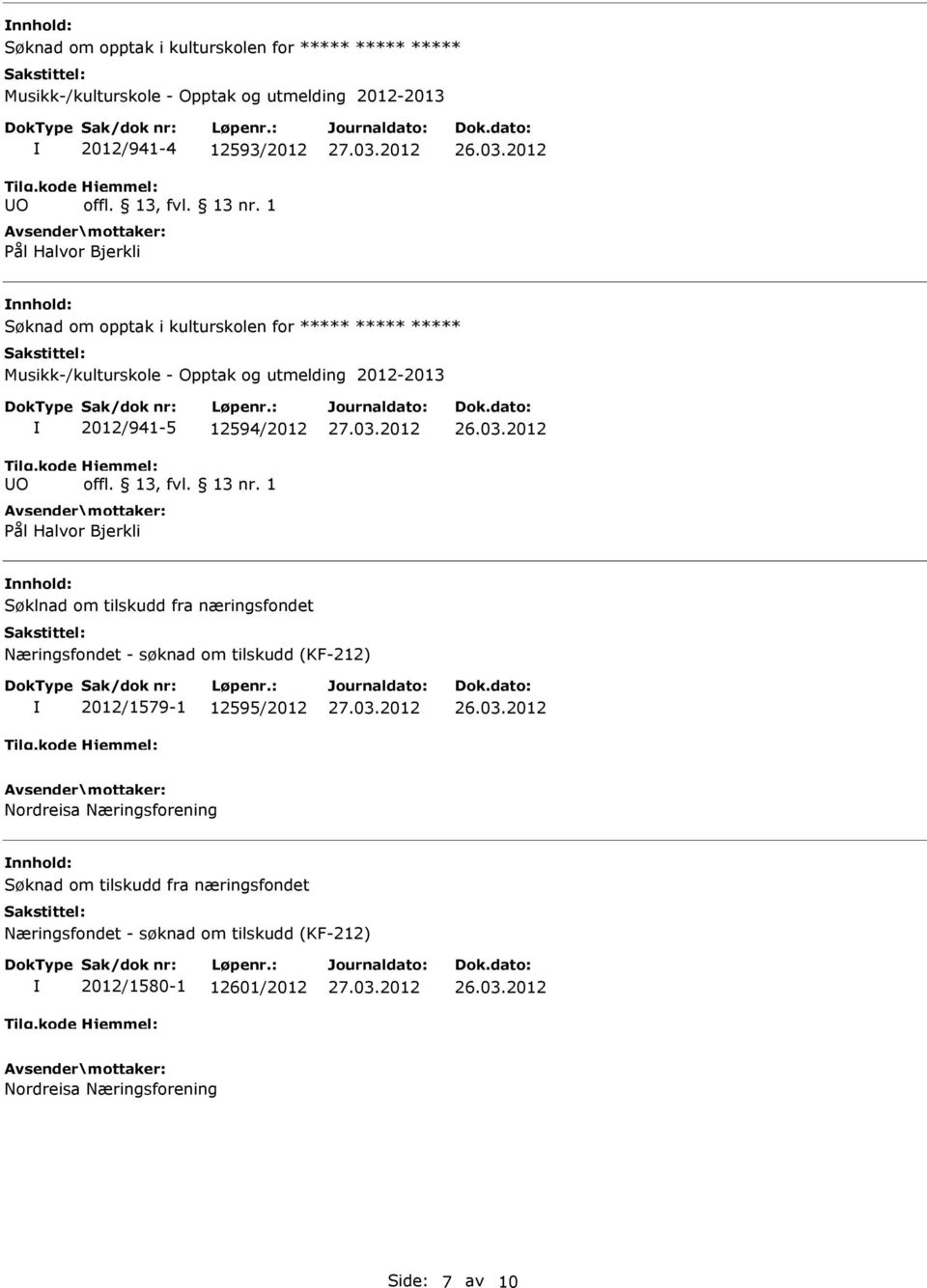 Halvor Bjerkli nnhold: Søklnad om tilskudd fra næringsfondet Næringsfondet - søknad om tilskudd (KF-212) 2012/1579-1 12595/2012 Nordreisa