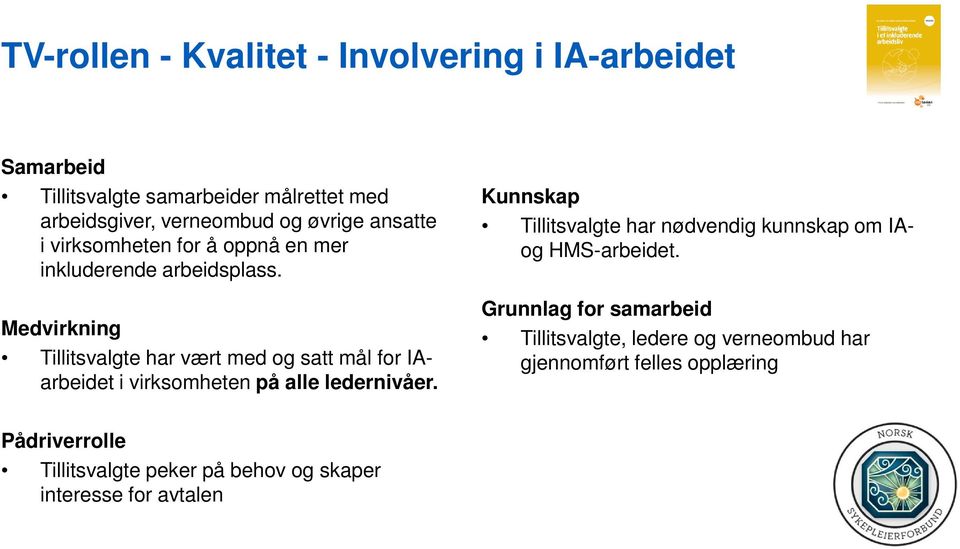 Medvirkning Tillitsvalgte har vært med og satt mål for IAarbeidet i virksomheten på alle ledernivåer.