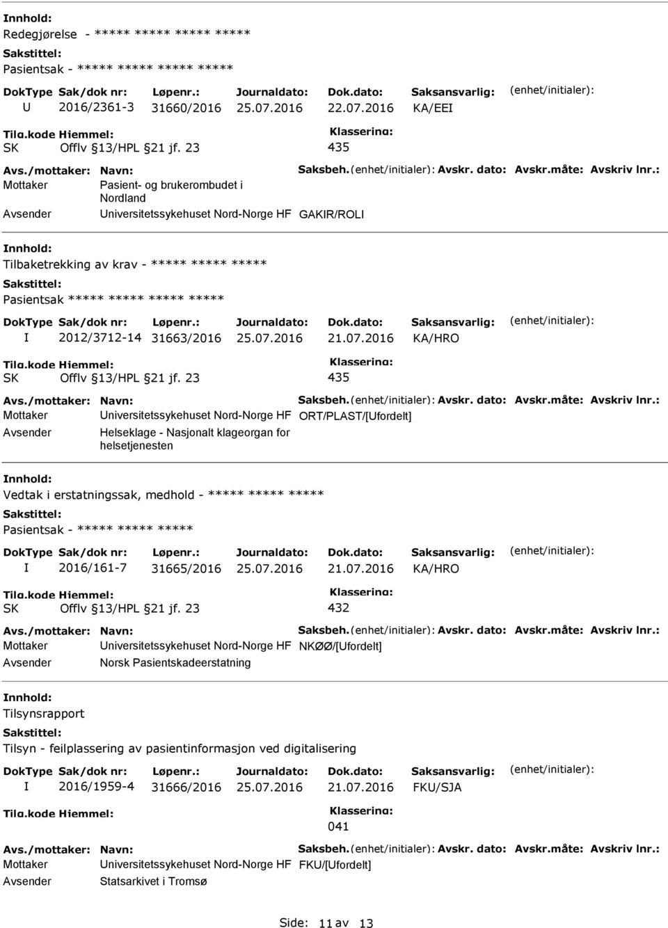 : Mottaker asient- og brukerombudet i Nordland Avsender niversitetssykehuset Nord-Norge HF GAKR/ROL nnhold: Tilbaketrekking av krav - ***** ***** ***** asientsak ***** ***** ***** ***** 2012/3712-14