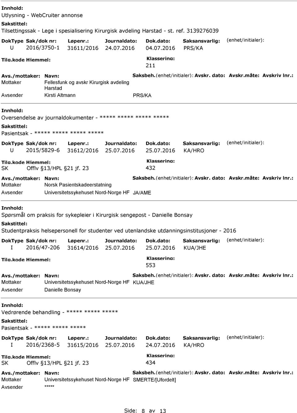 : Mottaker Fellesfunk og avskr Kirurgisk avdeling Harstad Avsender Kirsti Altmann nnhold: Oversendelse av journaldokumenter - ***** ***** ***** ***** asientsak - ***** ***** ***** ***** 2015/5829-6