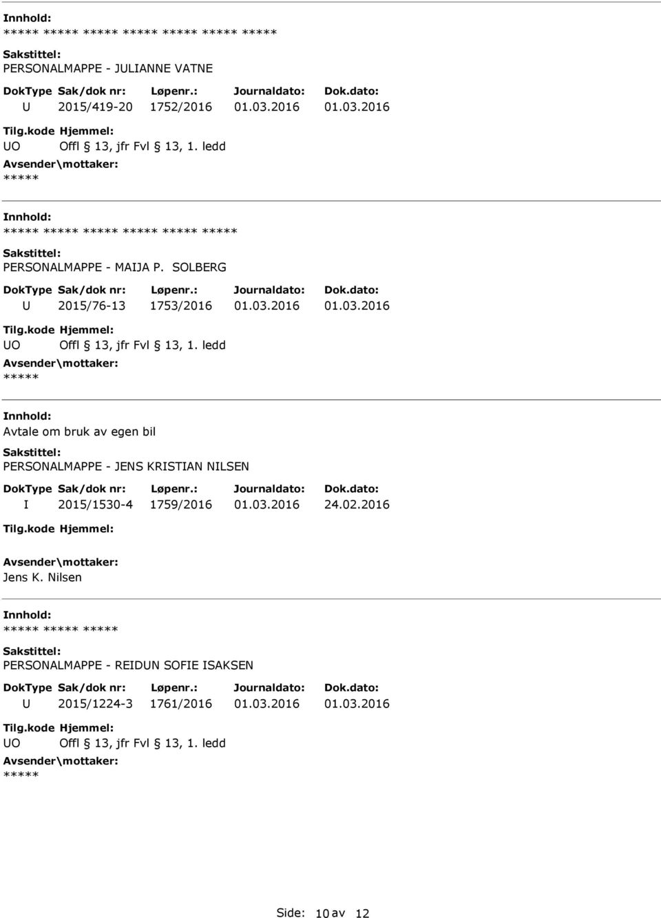 SOLBERG 2015/76-13 1753/2016 O Avtale om bruk av egen bil PERSONALMAPPE