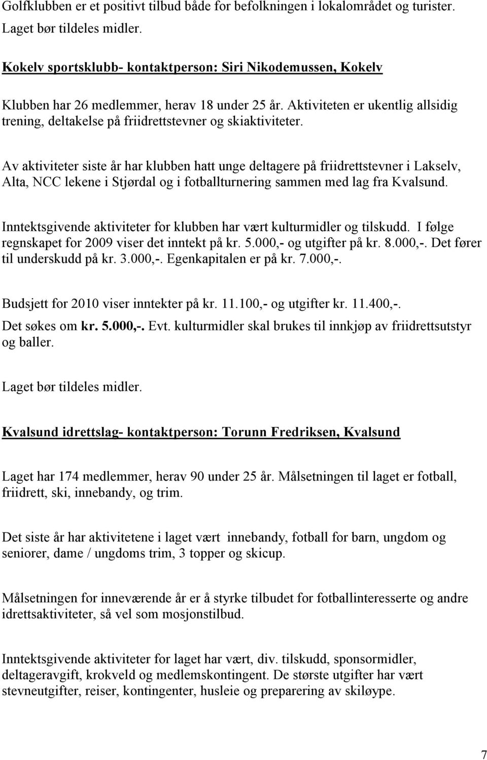 Av aktiviteter siste år har klubben hatt unge deltagere på friidrettstevner i Lakselv, Alta, NCC lekene i Stjørdal og i fotballturnering sammen med lag fra Kvalsund.