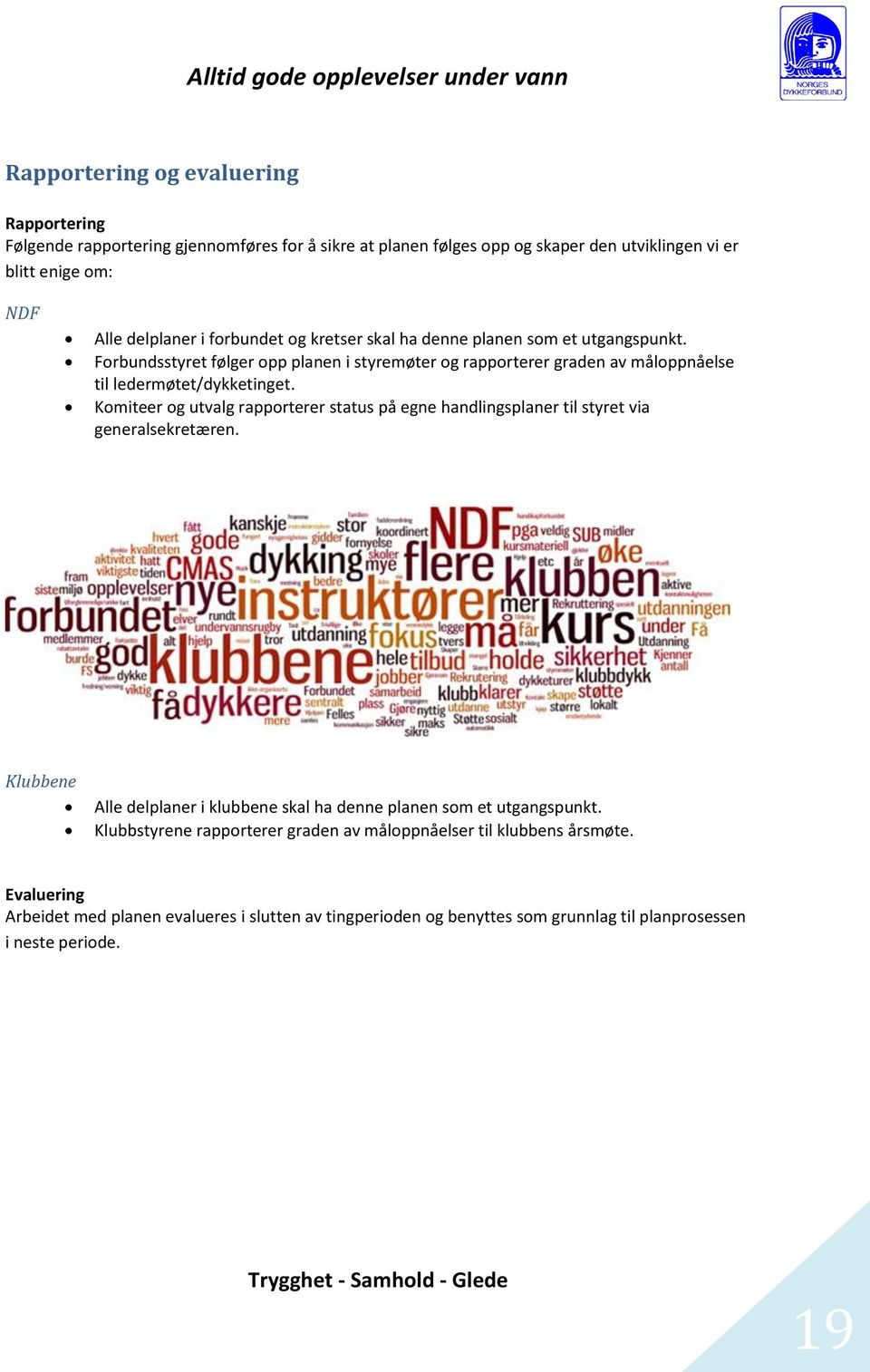 Komiteer og utvalg rapporterer status på egne handlingsplaner til styret via generalsekretæren. Klubbene Alle delplaner i klubbene skal ha denne planen som et utgangspunkt.