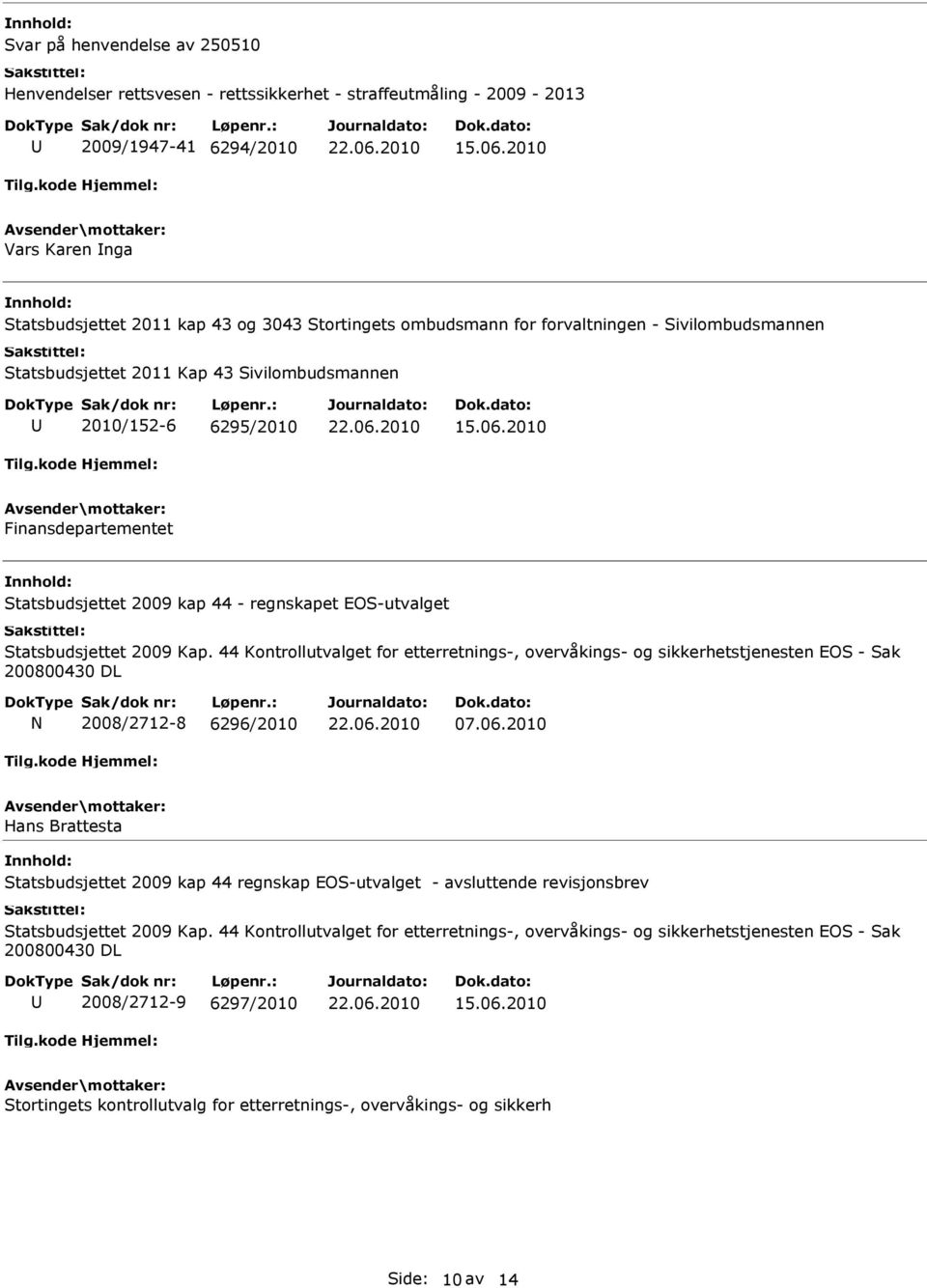 Kap. 44 Kontrollutvalget for etterretnings-, overvåkings- og sikkerhetstjenesten EOS - Sak 200800430 DL 2008/2712-8 6296/2010 07.06.