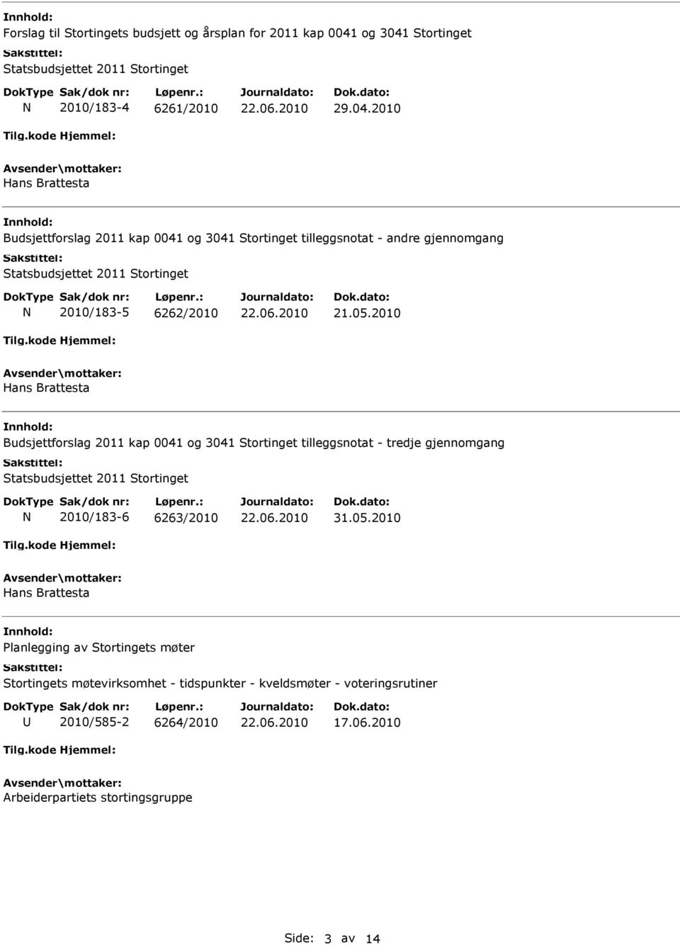 05.2010 Hans Brattesta Budsjettforslag 2011 kap 0041 og 3041 Stortinget tilleggsnotat - tredje gjennomgang Statsbudsjettet 2011 Stortinget 2010/183-6 6263/2010 31.05.2010 Hans Brattesta Planlegging av Stortingets møter Stortingets møtevirksomhet - tidspunkter - kveldsmøter - voteringsrutiner 2010/585-2 6264/2010 17.