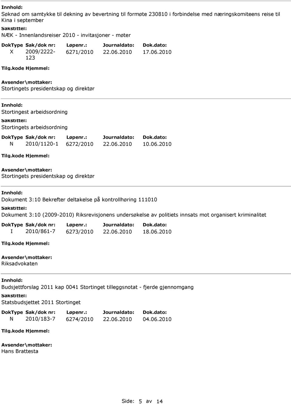 2010 Stortingets presidentskap og direktør Stortingest arbeidsordning Stortingets arbeidsordning 2010/1120-1 6272/2010 10.06.