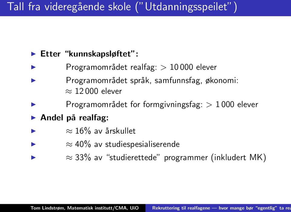 12 000 elever Programområdet for formgivningsfag: > 1 000 elever Andel på realfag: