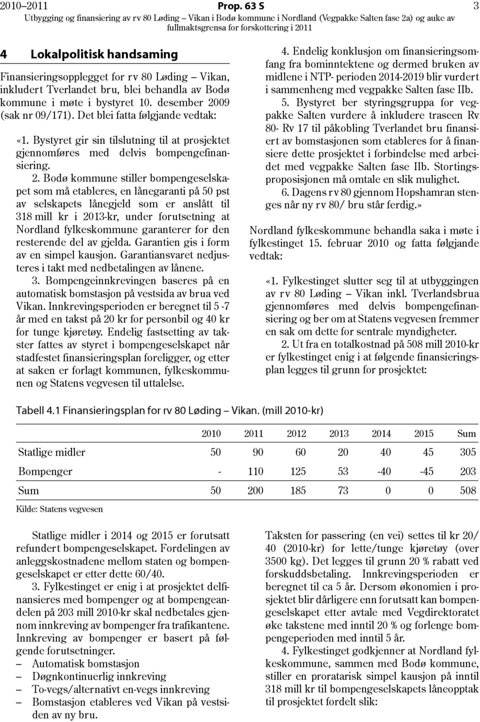 09 (sak nr 09/171). Det blei fatta følgjande vedtak: «1. Bystyret gir sin tilslutning til at prosjektet gjennomføres med delvis bompengefinansiering. 2.