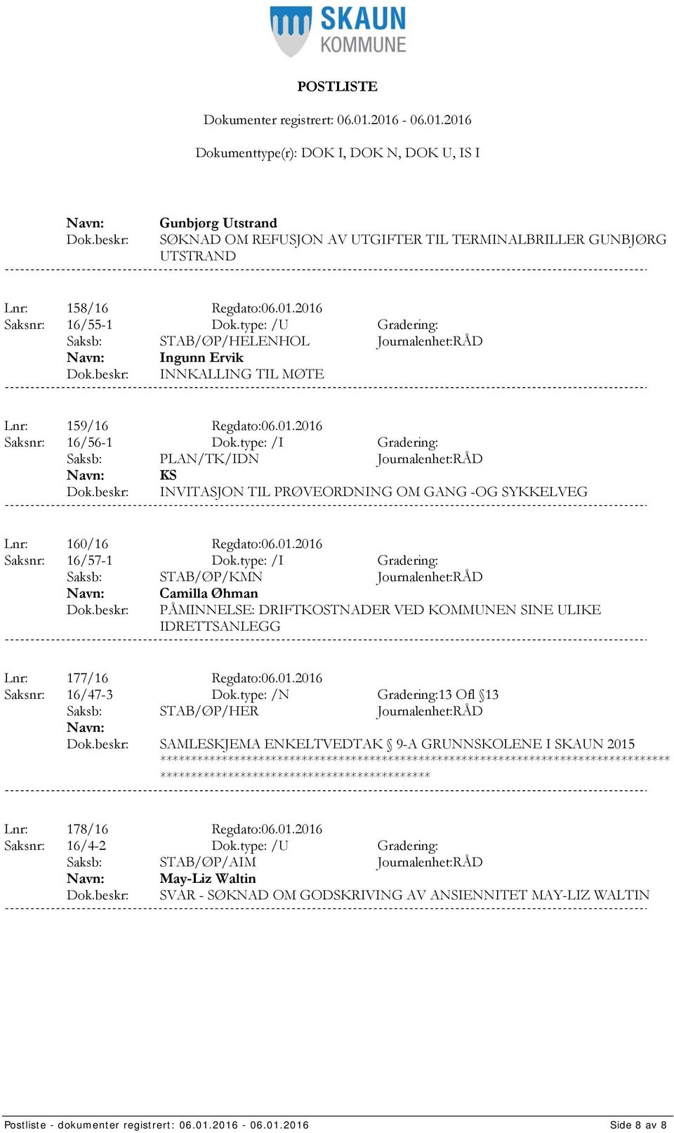 type: /I Gradering: Saksb: PLAN/TK/IDN Journalenhet:RÅD KS INVITASJON TIL PRØVEORDNING OM GANG -OG SYKKELVEG Lnr: 160/16 Regdato:06.01.2016 Saksnr: 16/57-1 Dok.