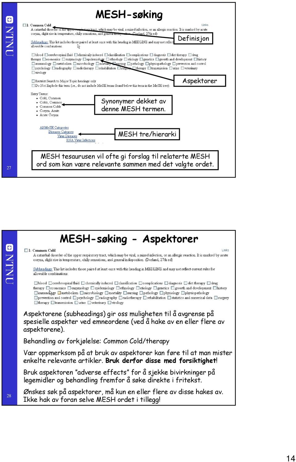 MESH-søking - Aspektorer 28 Aspektorene (subheadings) gir oss muligheten til å avgrense på spesielle aspekter ved emneordene (ved å hake av en eller flere av aspektorene).