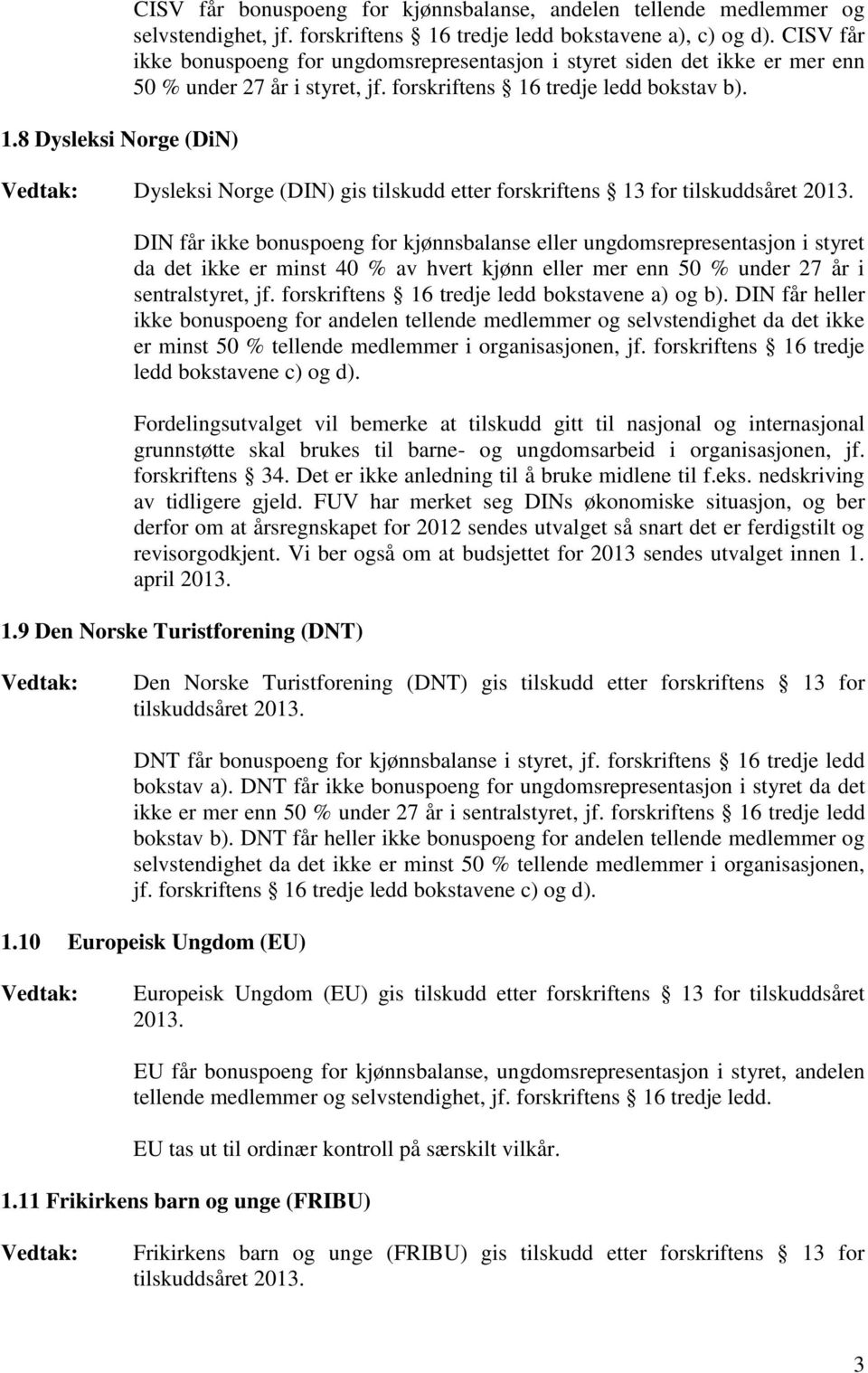 Dysleksi Norge (DIN) gis tilskudd etter forskriftens 13 for tilskuddsåret DIN får ikke bonuspoeng for kjønnsbalanse eller ungdomsrepresentasjon i styret da det ikke er minst 40 % av hvert kjønn eller