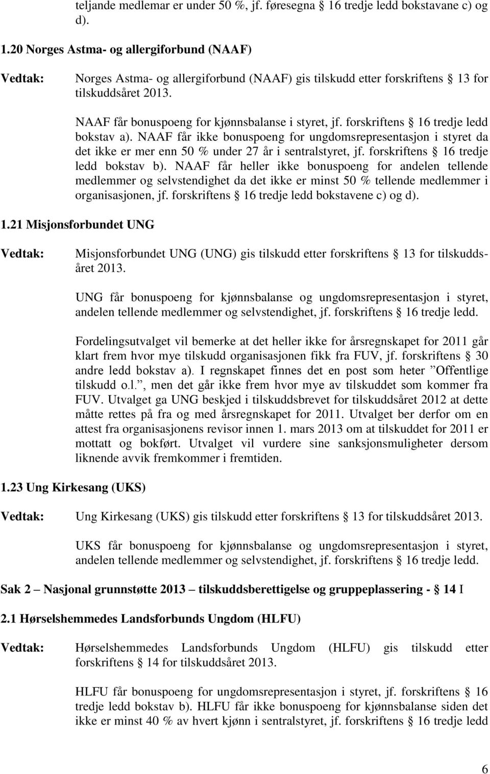 20 Norges Astma- og allergiforbund (NAAF) Norges Astma- og allergiforbund (NAAF) gis tilskudd etter forskriftens 13 for tilskuddsåret NAAF får bonuspoeng for kjønnsbalanse i styret, jf.