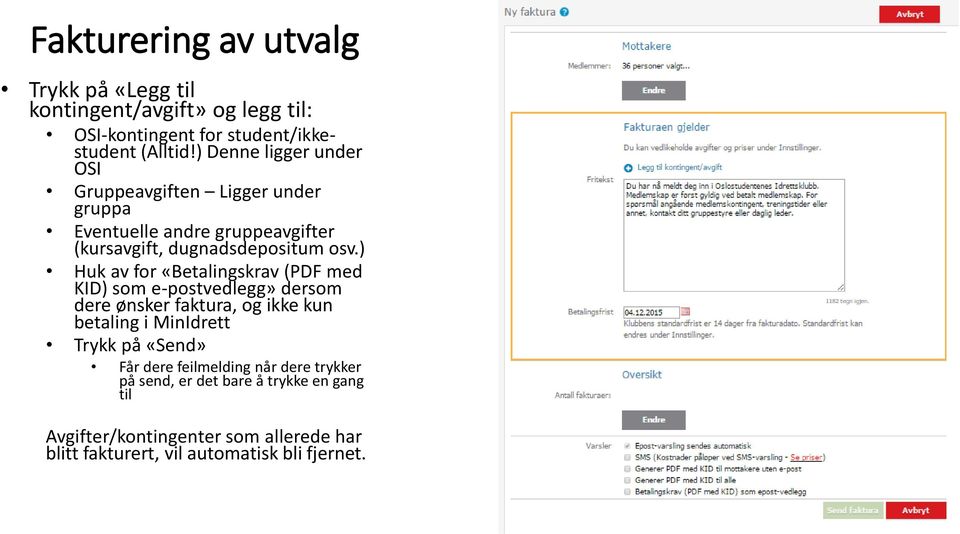 ) Huk av for «Betalingskrav (PDF med KID) som e-postvedlegg» dersom dere ønsker faktura, og ikke kun betaling i MinIdrett Trykk på